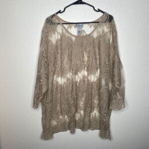 Catherines beige lace sheer blouse top boho girly lagenlook floral artsy 4x